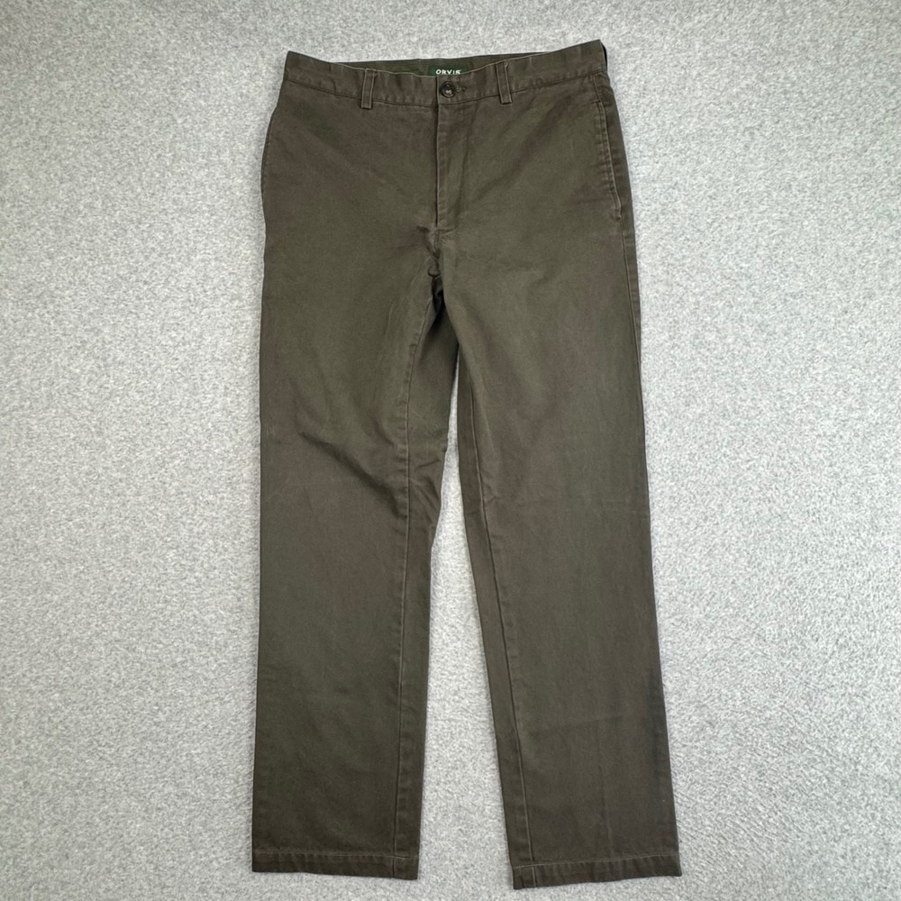 Orvis Trim Fit Men 34 Chino Pants Olive Brown Cotton Twill Flat Front Straight